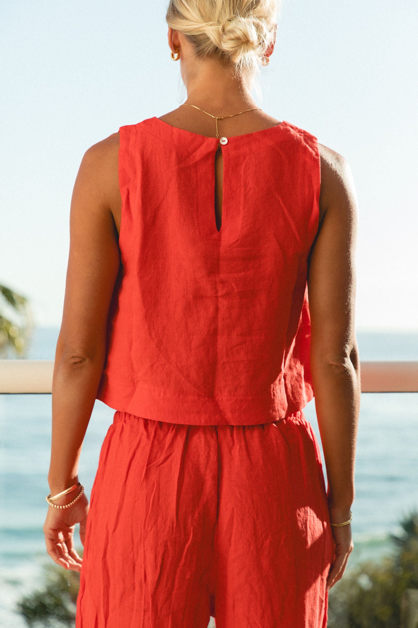 Capri Linen High Neck Tank Top - Breathable Summer Women's Tops for Beach, Vacation & Casual Wear