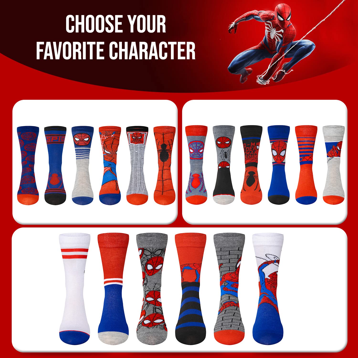 Marvel Spiderman Socks 6-Pack for Men & Boys - Breathable Athletic Socks for Sports, Running & Daily Wear - Official Marvel Superhero Collection