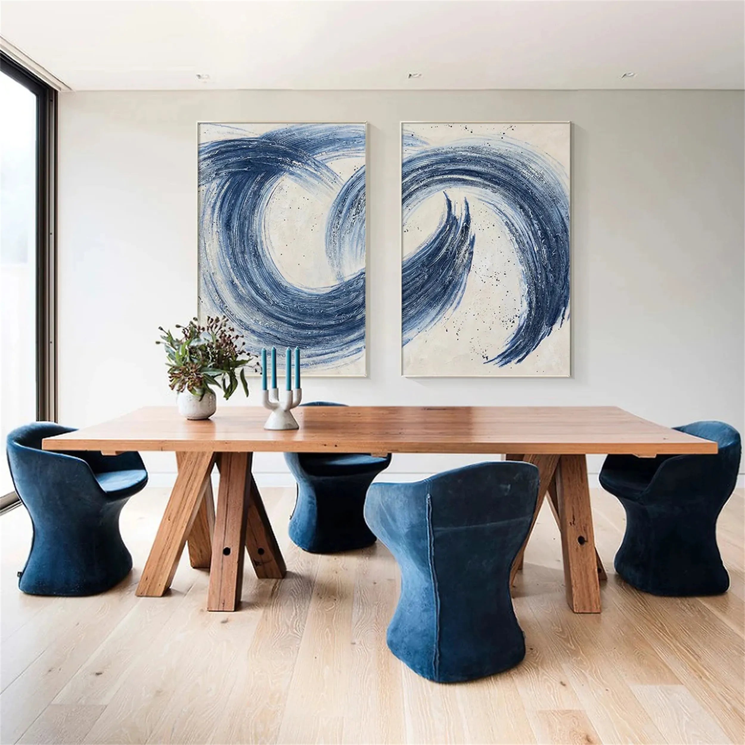 Blue & Green Abstract Wall Art Set of 2 Paintings - Modern Canvas Prints for Living Room, Bedroom & Office Decor | BG020