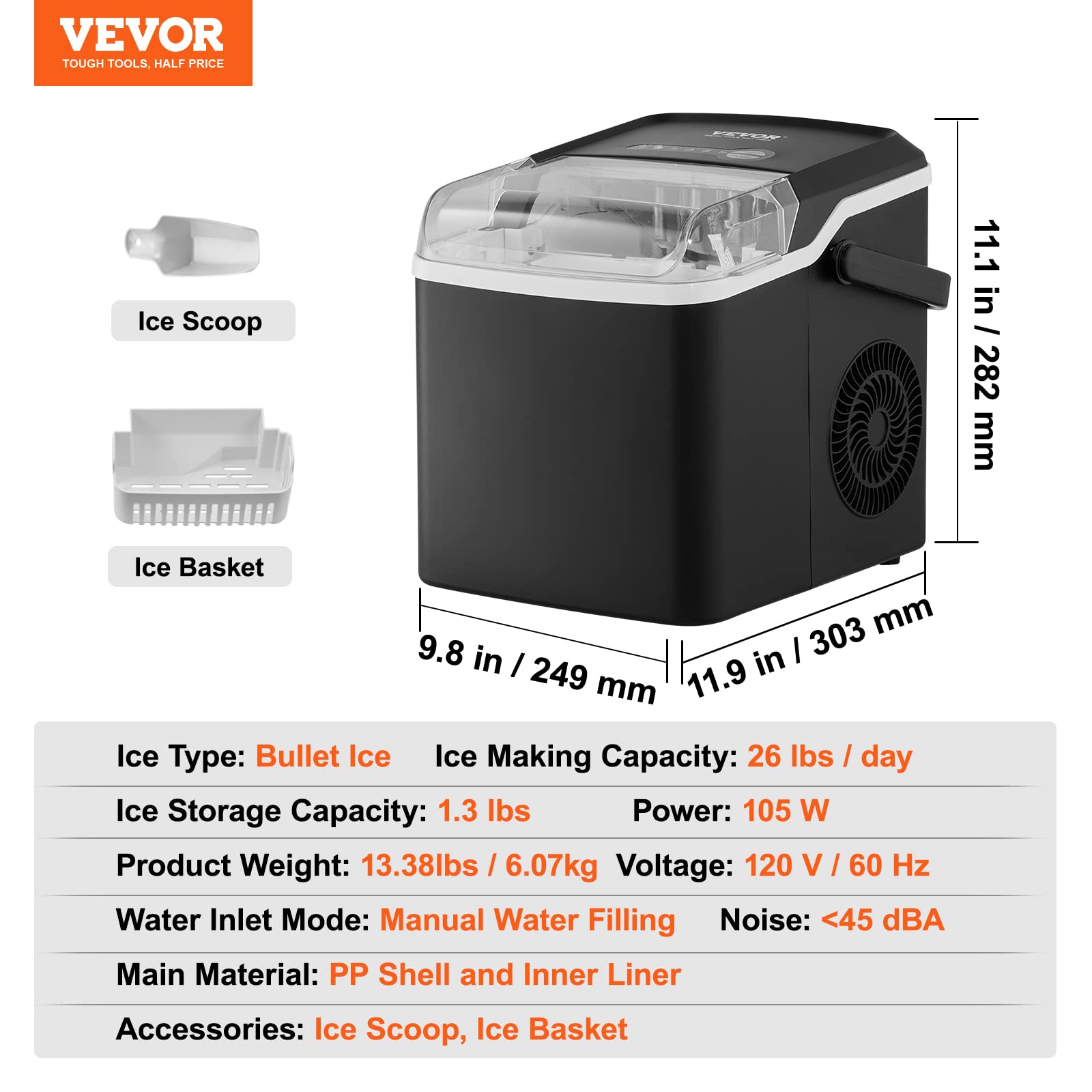 VEVOR Countertop Ice Maker Machine - 26lbs/24H, 9 Ice Cubes in 7 Mins, Self-Cleaning Portable Ice Machine with Scoop & Basket for Home, Kitchen, Office, Camping, RV & Outdoor Use