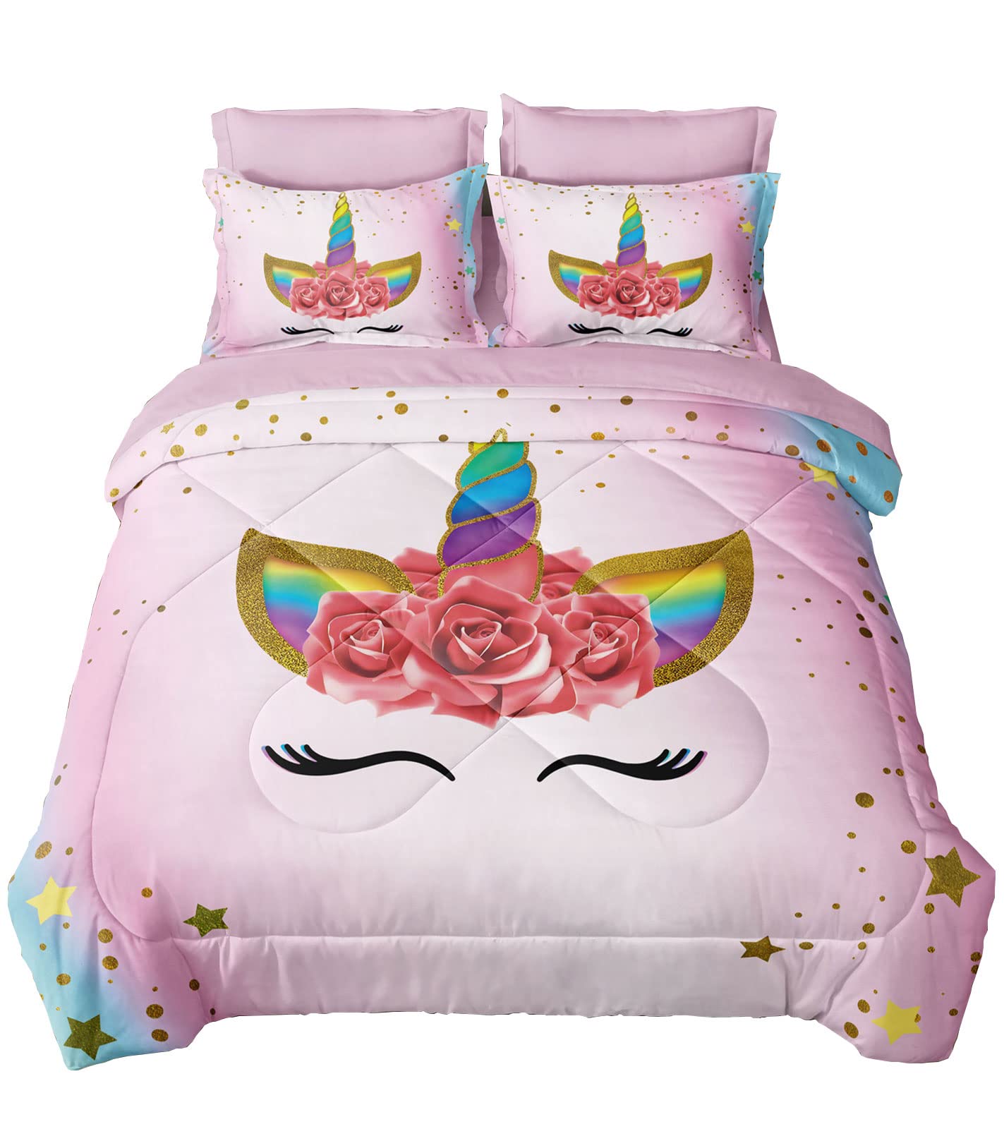 SIRDO Twin Bedding Set for Girls - Pink Unicorn Comforter Set with Sheets, 5-Piece Soft Princess Bedding, Colorful Rainbow Design, Washable - Perfect for Kids' Bedrooms, Sleepovers & Cozy Decor