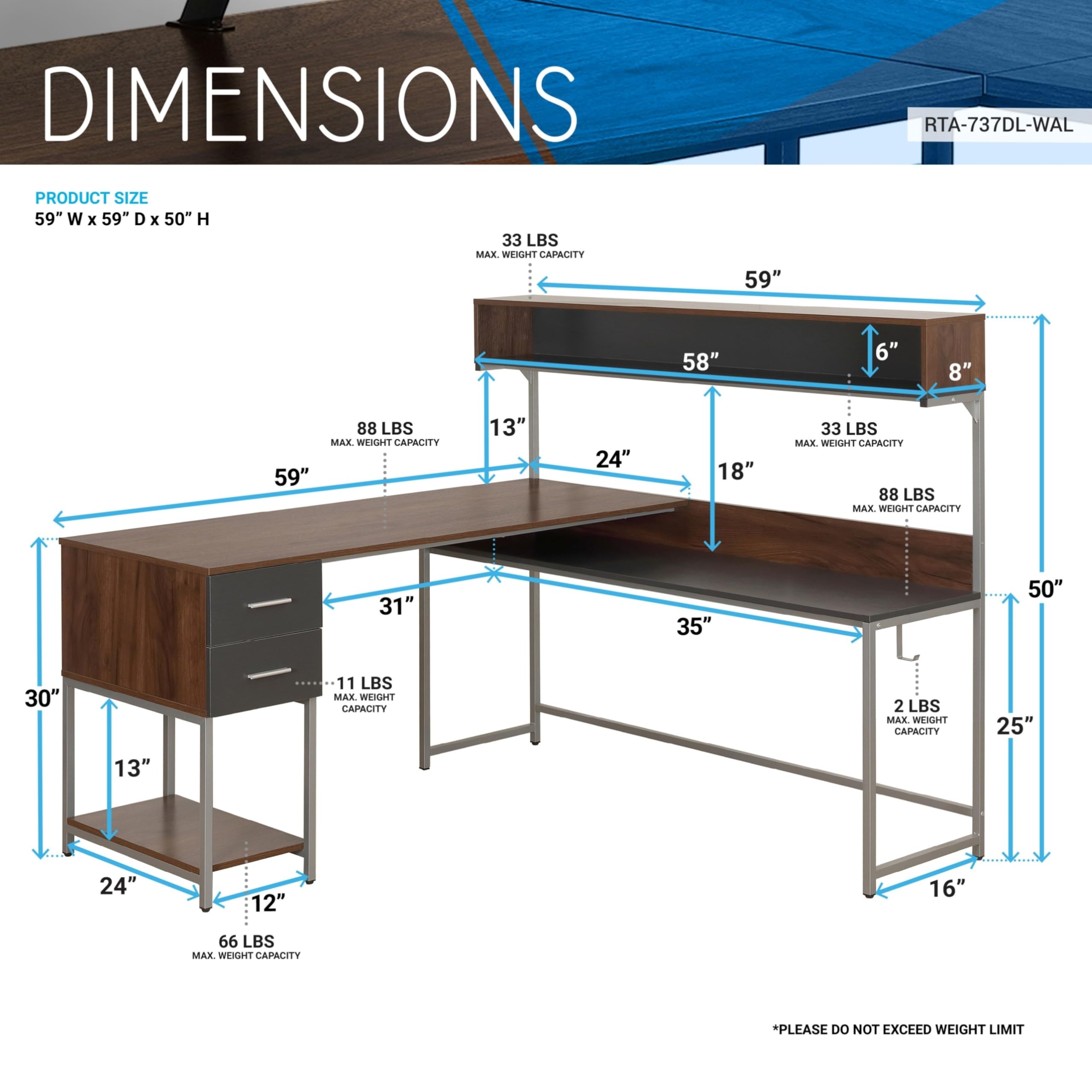 Techni Mobili L-Shaped Corner Computer Desk with Hutch, Storage Drawers & Open Shelf - Walnut Home Office Workstation for PC, Printer & Study Space