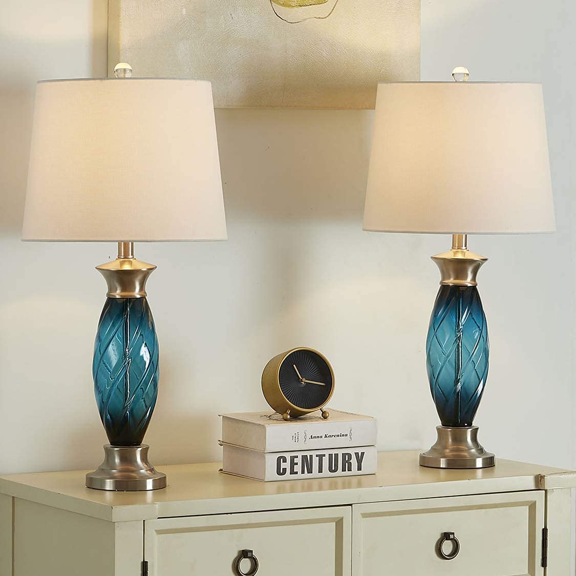 Maxax Set of 2 Modern Glass Table Lamps - 3-Way Dimmable Blue Nightstand Lamps with White Fabric Shade for Bedroom, Living Room & Hotel Decor | Perfect for Reading, Ambient Lighting and Home Staging
