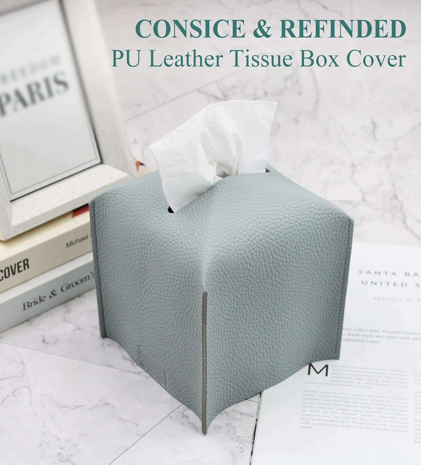Livelab Square Tissue Box Cover Holder - Modern PU Leather Decorative Facial Tissue Case for Bathroom Vanity, Nightstand, Office Desk & Car (5x5x5 Inches, Water Blue) | Perfect for Home, Office & Travel Use