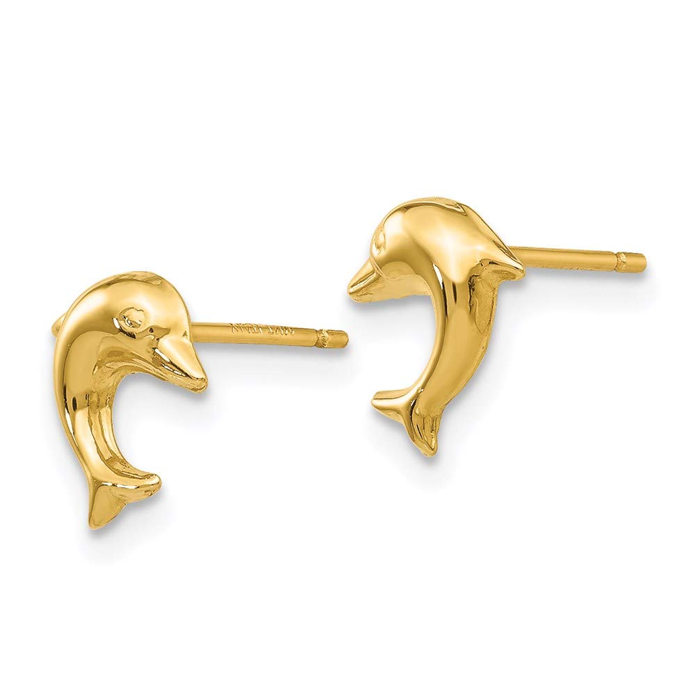 14K Yellow Gold Small Dolphin Button Earrings for Women - 9mm Post Studs - Perfect for Everyday Wear, Gifts, and Beach-Themed Jewelry
