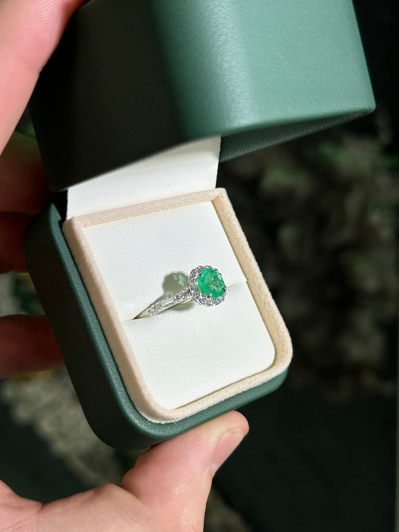 1.55tcw 14K Gold Vivid Green Cushion Cut Emerald & Round Baguette Diamond Halo Engagement Ring - Perfect for Proposals, Anniversaries & Bridal Jewelry