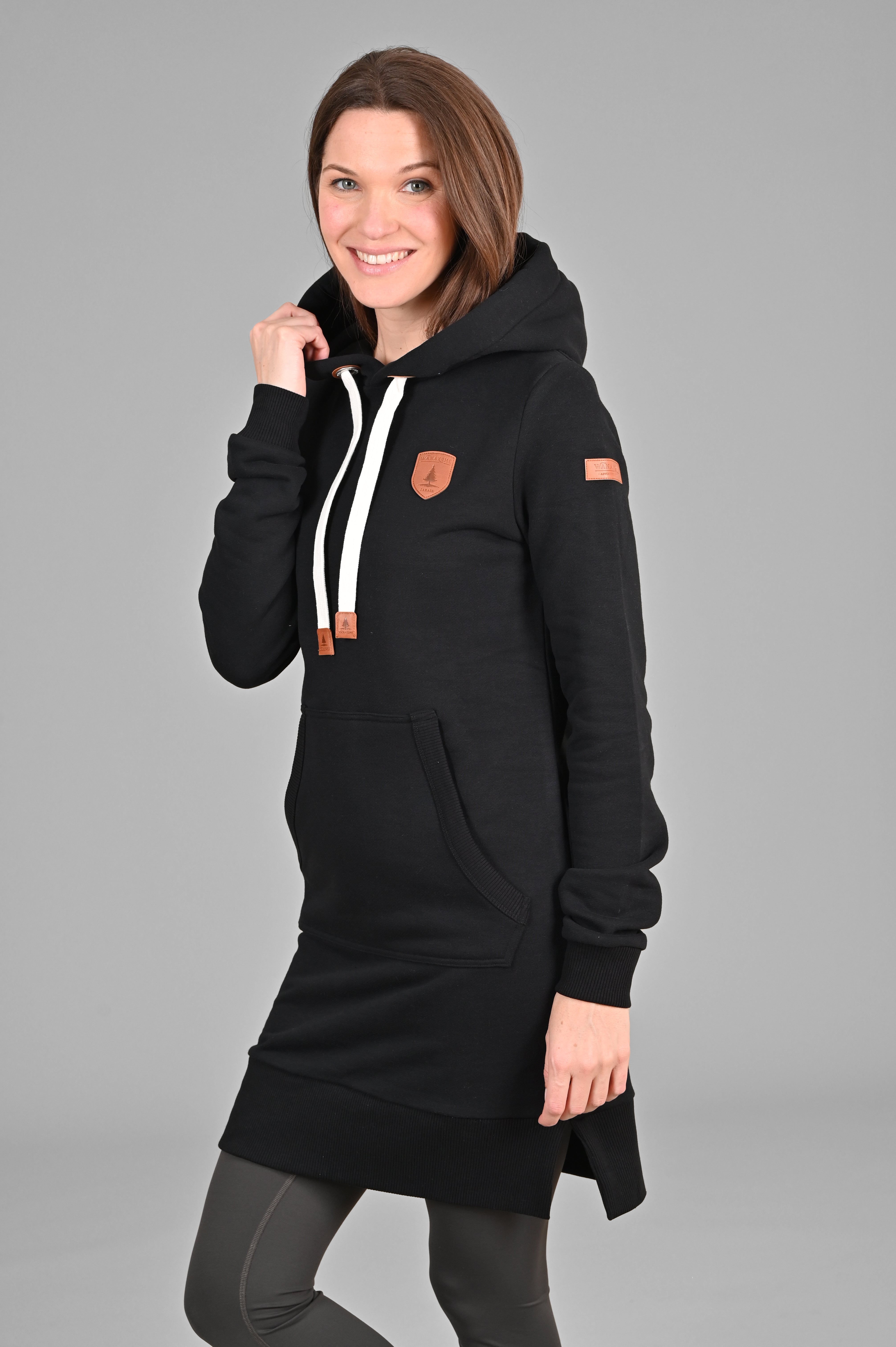 Carmen Black Hoodie Dress for Women - Stylish Long Sleeve Pullover Sweatshirt Dress for Casual Wear, Lounge, and Street Fashion