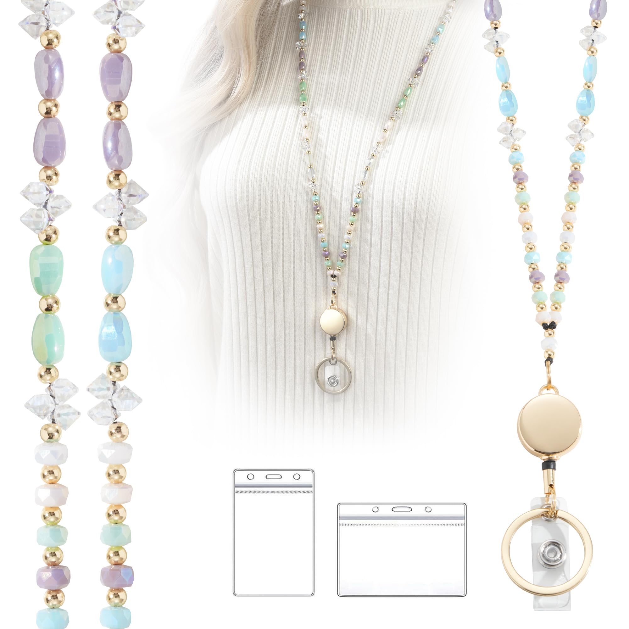 Retractable Beaded Lanyard for Teachers - ID Badge & Key Holder for Women, Cream Crystal Design - Perfect for School & Office Use
