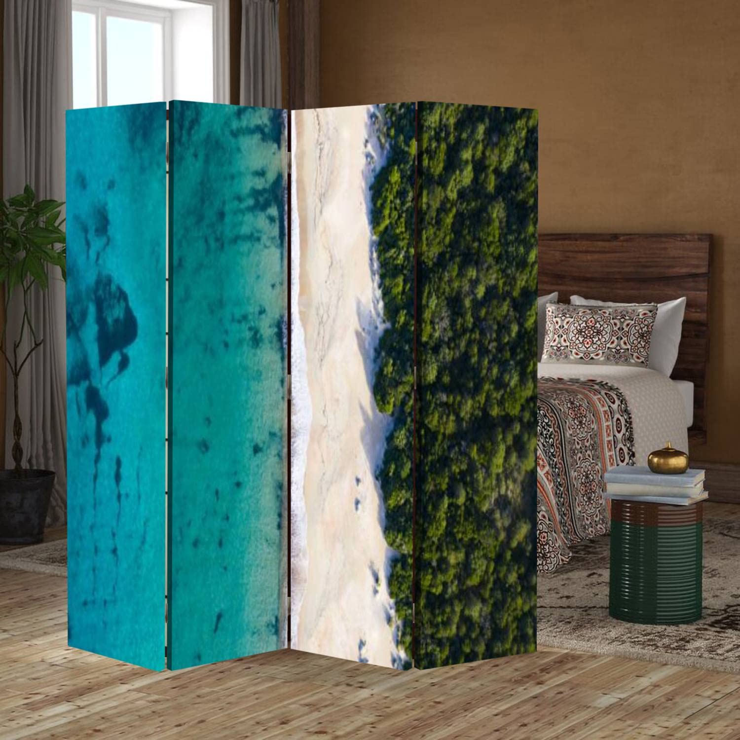 Wooden Room Divider Screen - 4-Panel Folding Privacy Partition with Dual-Sided Canvas for Indoor Spaces | Perfect for Home Office, Bedroom Separation & Studio Display Shelves