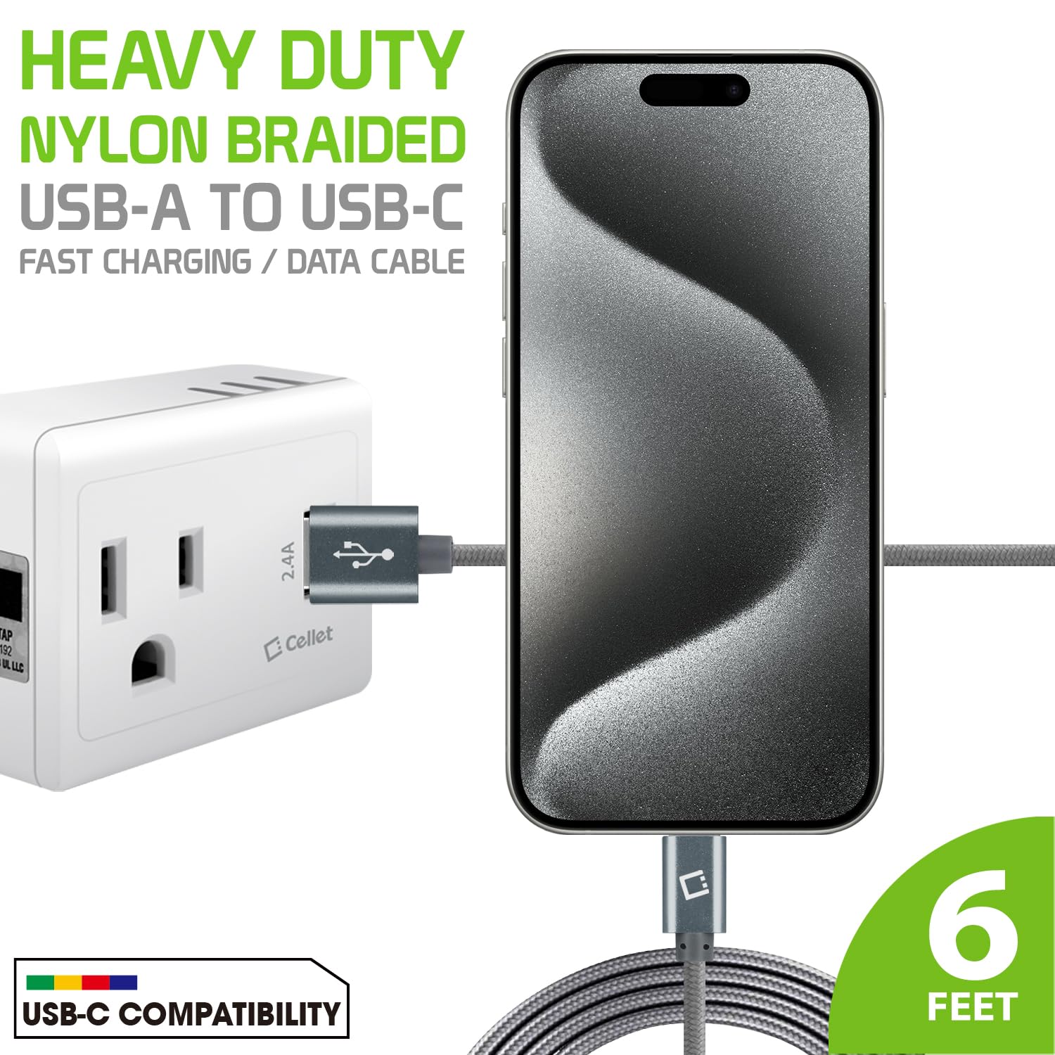 Premium Braided USB-C Cable - 6FT Fast Charging & Data Sync for iPhone 15, Samsung Galaxy, Google Pixel, Moto Phones - Durable Nylon Cord for Home, Office & Travel (Gray)