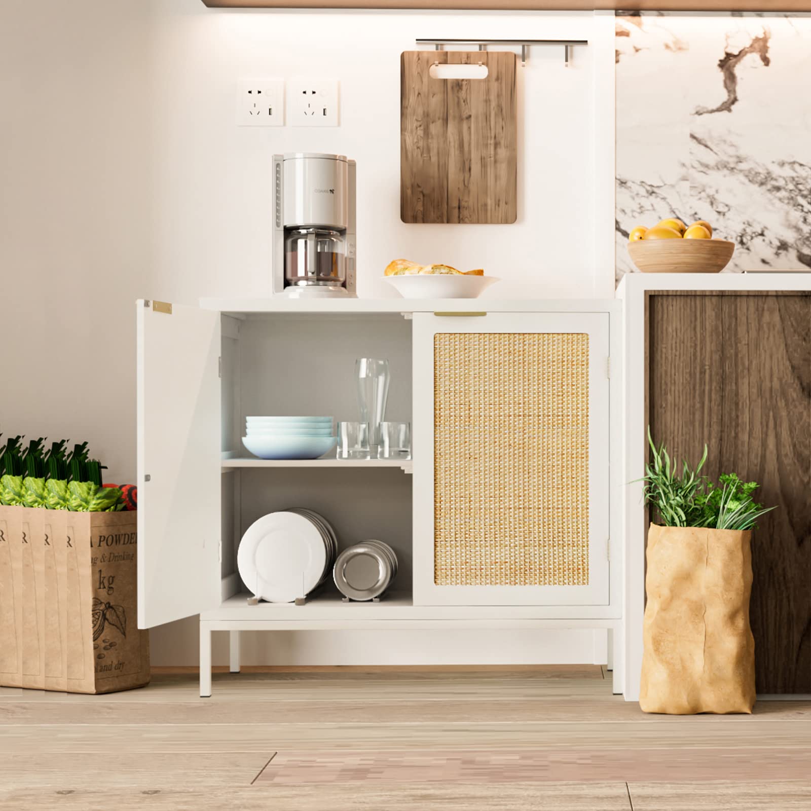 Anmytek White Rattan Sideboard Buffet Cabinet with 2 Decorated Doors & Fixed Shelf - Spacious Storage Furniture for Living Room, Hallway, Entryway & Dining Room - Perfect for Home Organization & Stylish Decor | H0012