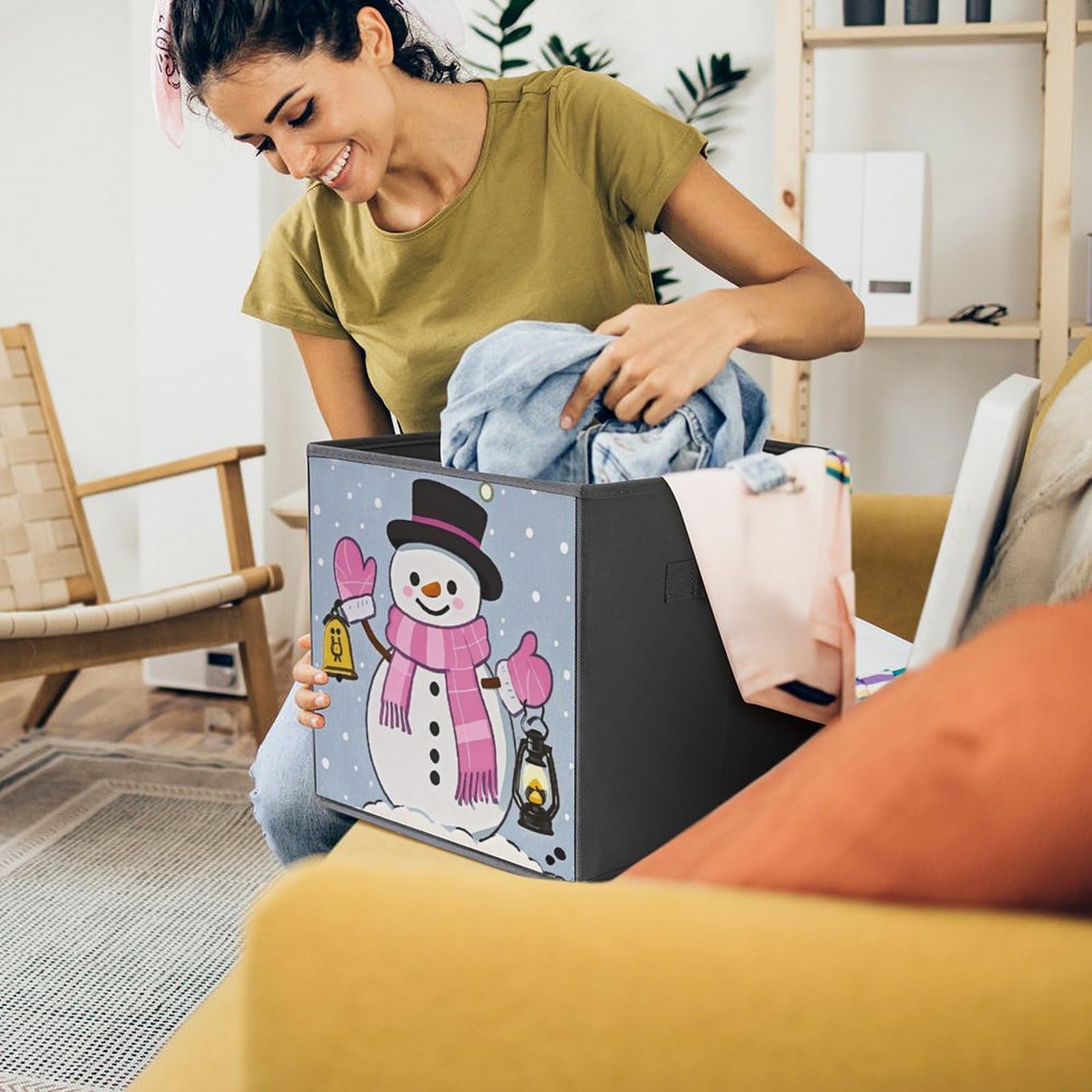 1PCS Foldable Storage Bin with Handle - Large Capacity Moving Box for Home Office Playroom Organization - Printed Snowy Night Design - Perfect for Toys, Books, Clothes & Household Items Storage