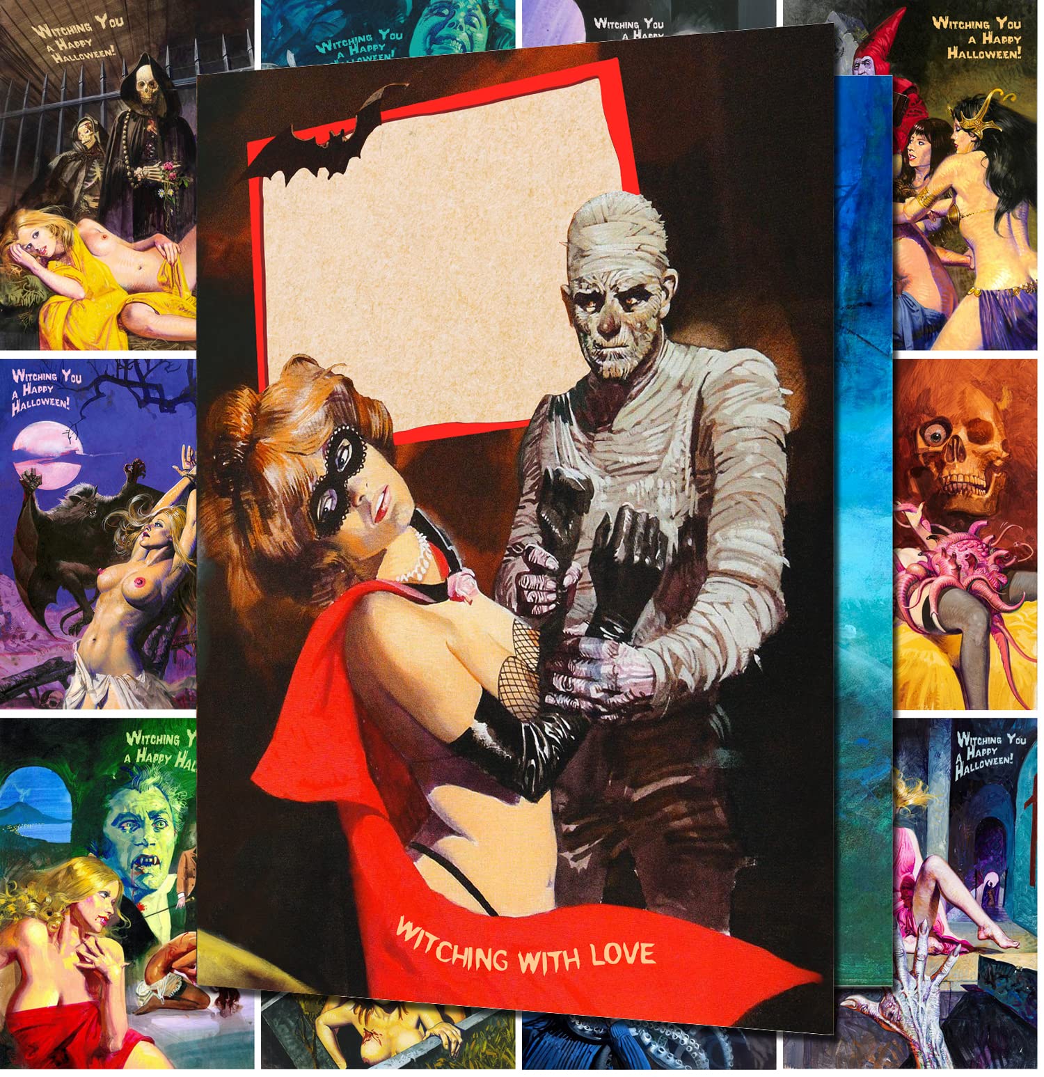 Vintage Halloween Zombie Horror Comic Greeting Cards - 12 Large Sexploitation Pinup Postcards for Collectors | Perfect for Horror Fans, Halloween Parties & Unique Gifts