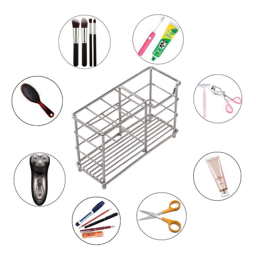 Stainless Steel Toothbrush Holder - 7 Slots Organizer for Bathroom Countertop (Silver) - Perfect for Electric Toothbrushes & Razors