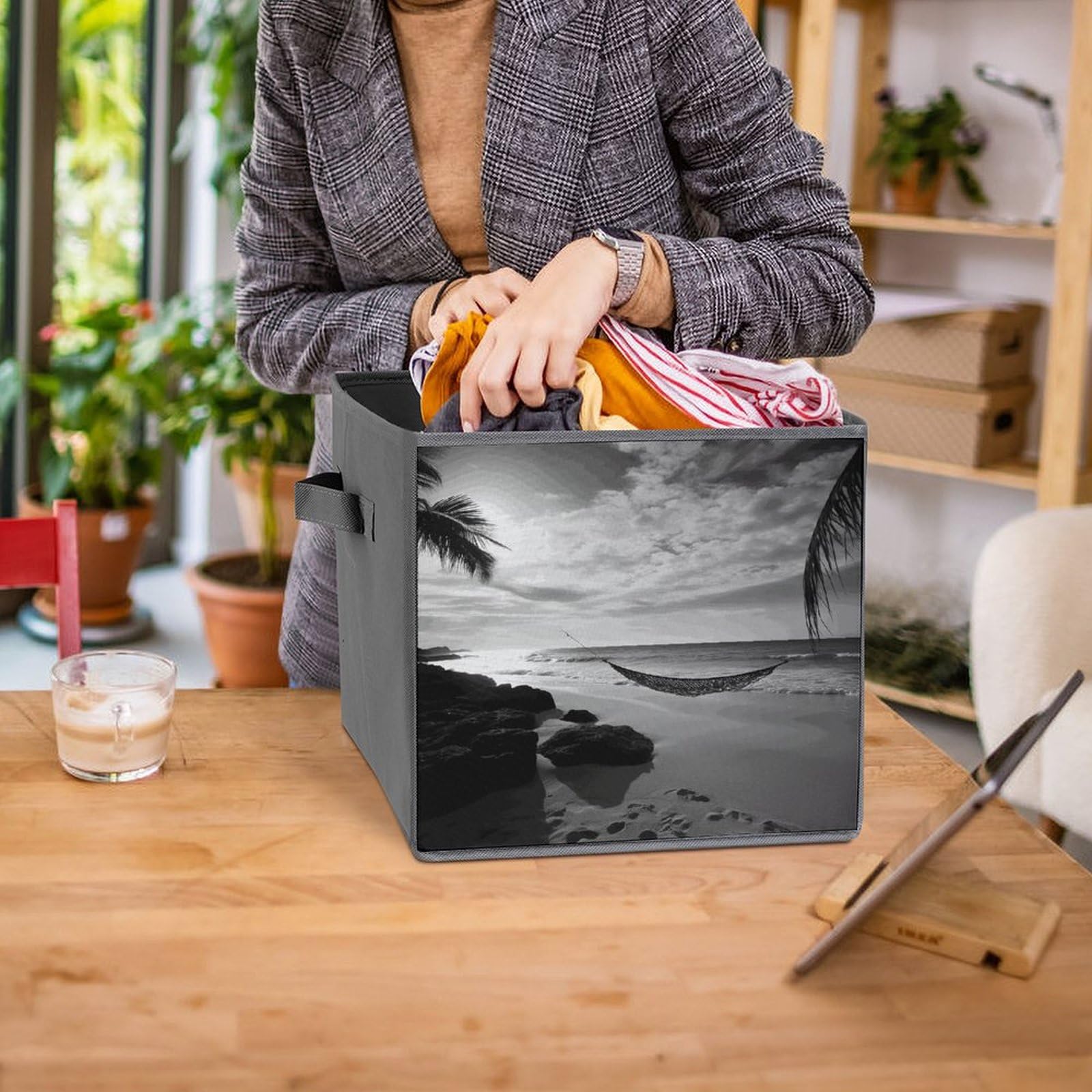 Collapsible Storage Bins with Handles - Black and White Beach Pattern Foldable Storage Boxes for Shelves, Closet & Home Organization | Multi-Purpose Storage Baskets for Bedroom, Bathroom, Laundry & Beach Trips
