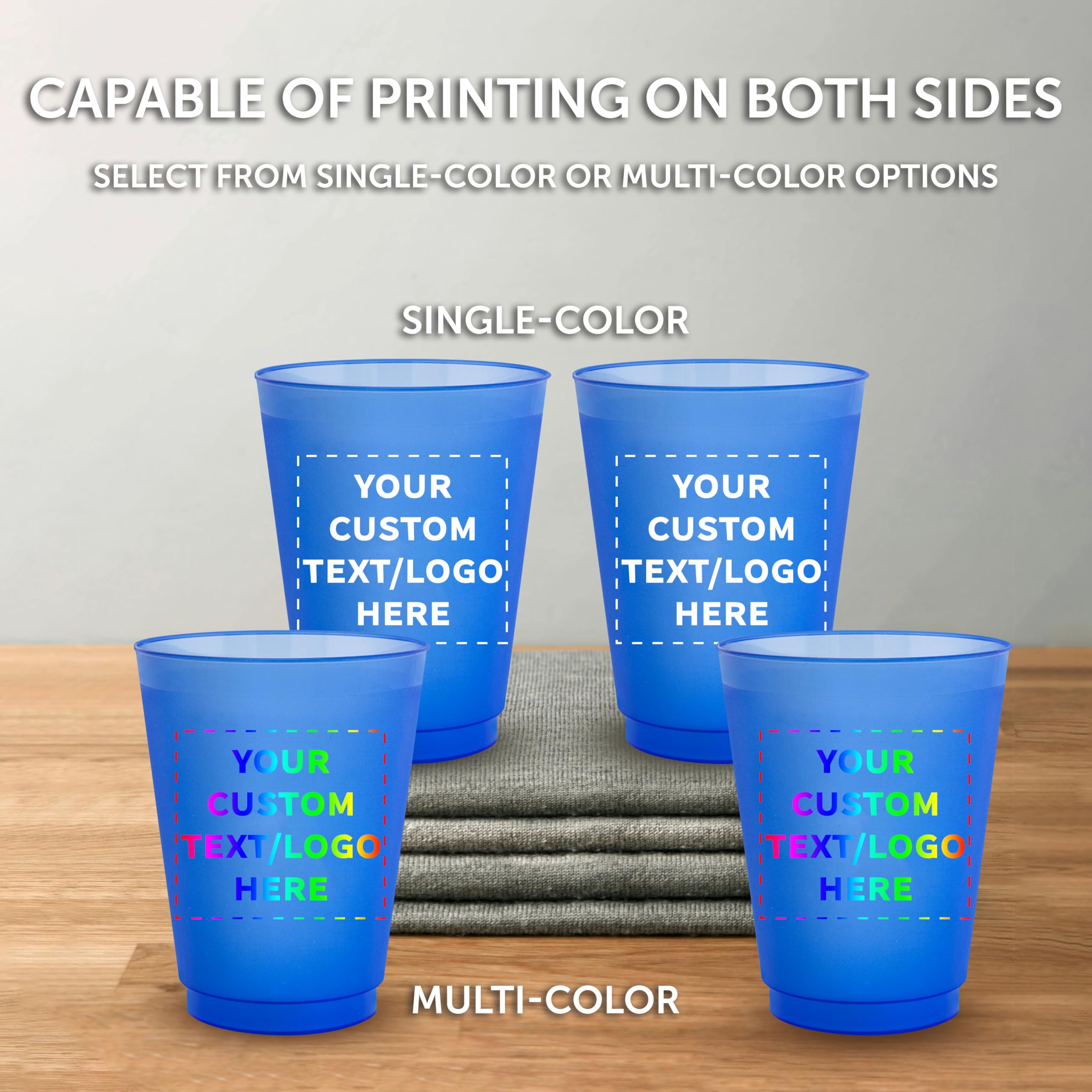 Custom 16 oz Frosted Plastic Stadium Cups - 10 Pack with Promotional Text & Logo - Shatterproof, Flexible & Reusable Party Cups in Blue - Perfect for Tailgates, BBQs, and Outdoor Events
