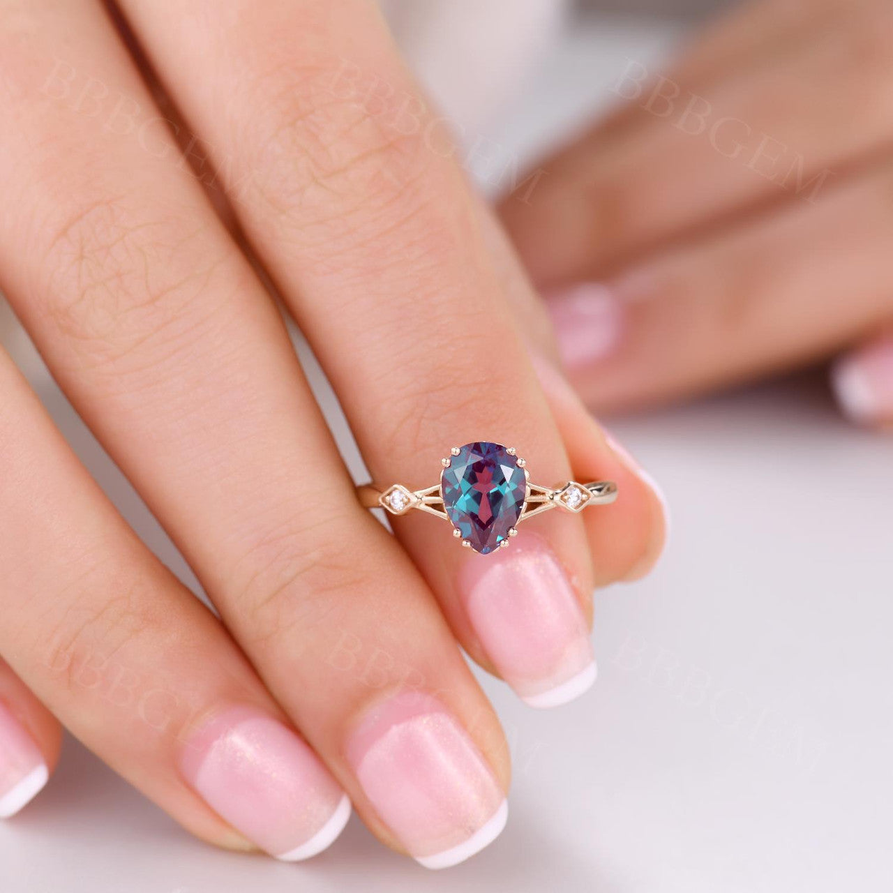 14K Rose Gold Three Stone Pear Shaped Alexandrite Engagement Ring - Minimalist Square Accent Wedding Band for Women | Perfect for Proposals, Anniversaries & Special Occasions