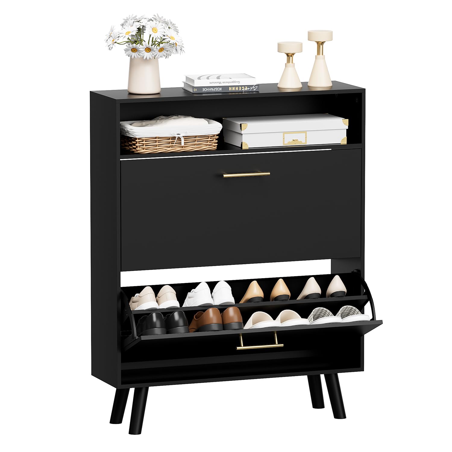 Modern Black Shoe Cabinet with 2 Flip Drawers - 2 Tier Freestanding Shoe Organizer for Entryway, Hallway & Living Room - Space Saving Storage Solution for Shoes, Boots & Accessories - Perfect for Small Apartments & Clutter-Free Homes