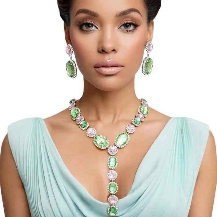 Elegant Pink & Green Crystal Y Necklace Set for Women - Perfect for Parties, Weddings & Everyday Wear