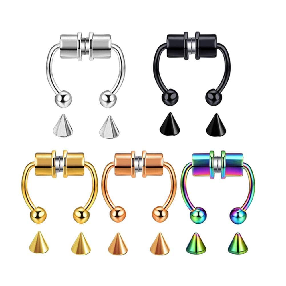 Bticx 5 Pack Magnetic Fake Septum Nose Ring - Stainless Steel Horseshoe Hoop Clip On Non Piercing Nose Jewelry for Women & Men - Perfect for Goth, Punk, and Alternative Fashion Styles