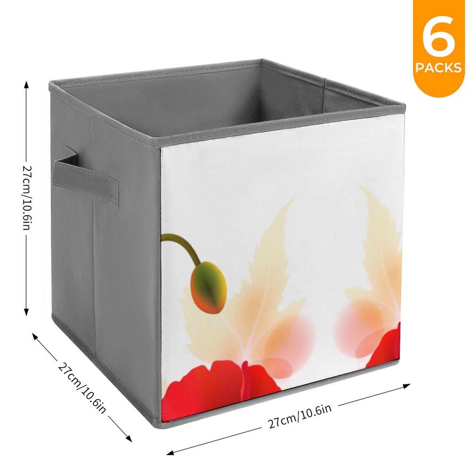 6-Pack Poppy Flower Print Collapsible Storage Bins with Handles - Large Closet Organizer Baskets for Clothing, Toys & Home Organization | Perfect for Bedroom, Nursery & Closet Storage