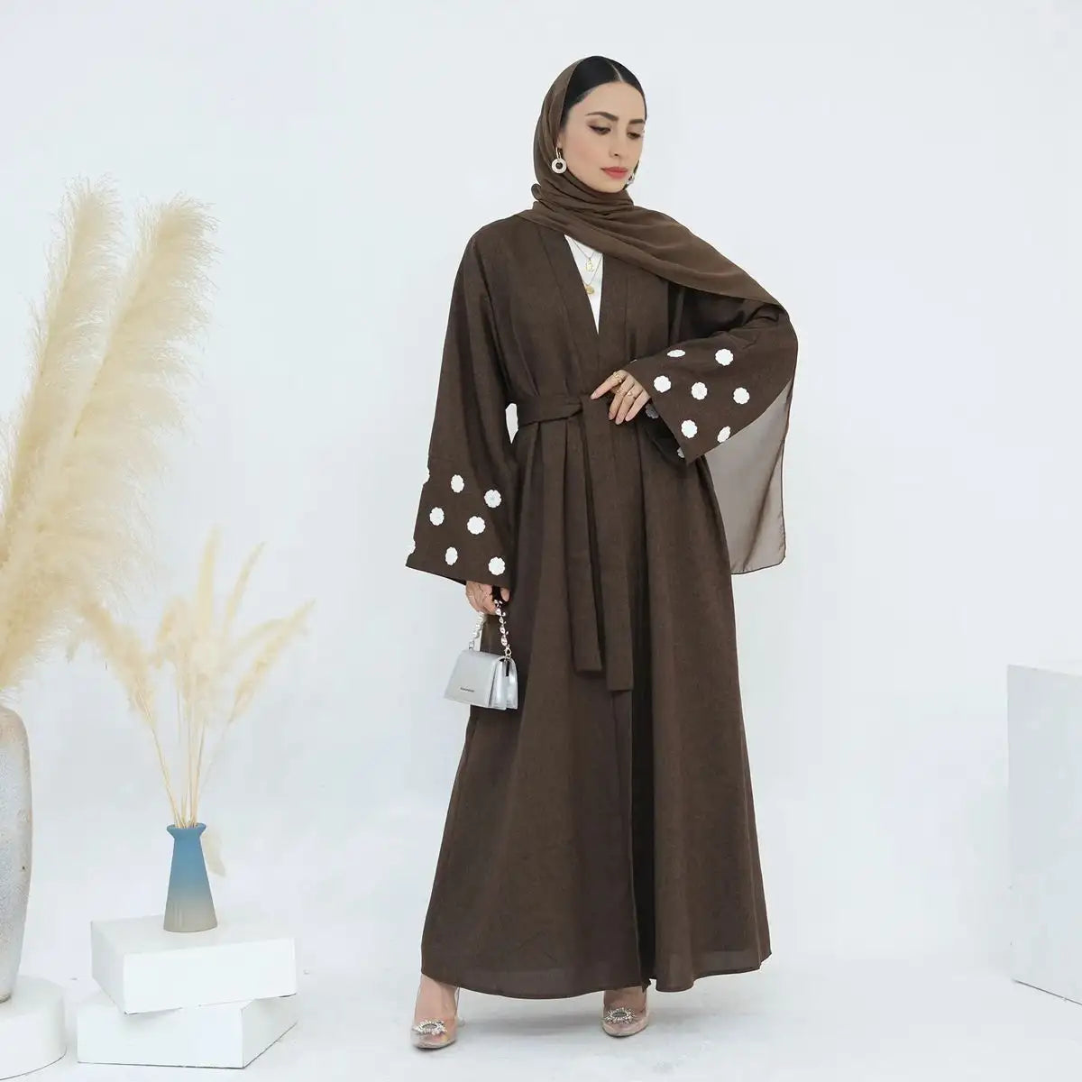 Elegant Floral Embroidery Open Abaya Dress for Women - Modest Muslim Prayer Dress & Special Occasion Wear