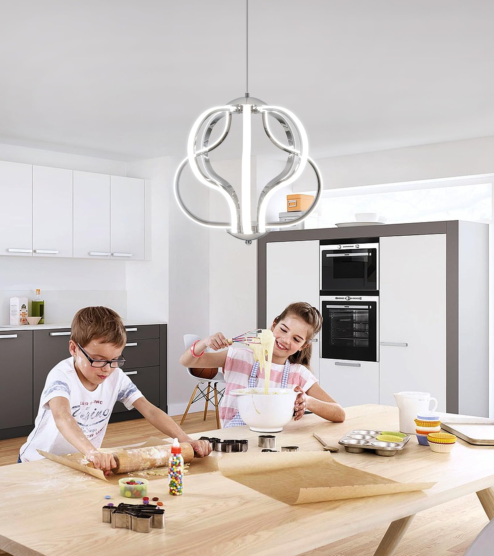 Modern LED Chandelier with Chrome Finish - 8-Light Hanging Pendant Lighting Fixture for Dining Room, Foyer, Entryway, Kitchen & Living Room - Perfect for Home Decor and Ambient Lighting