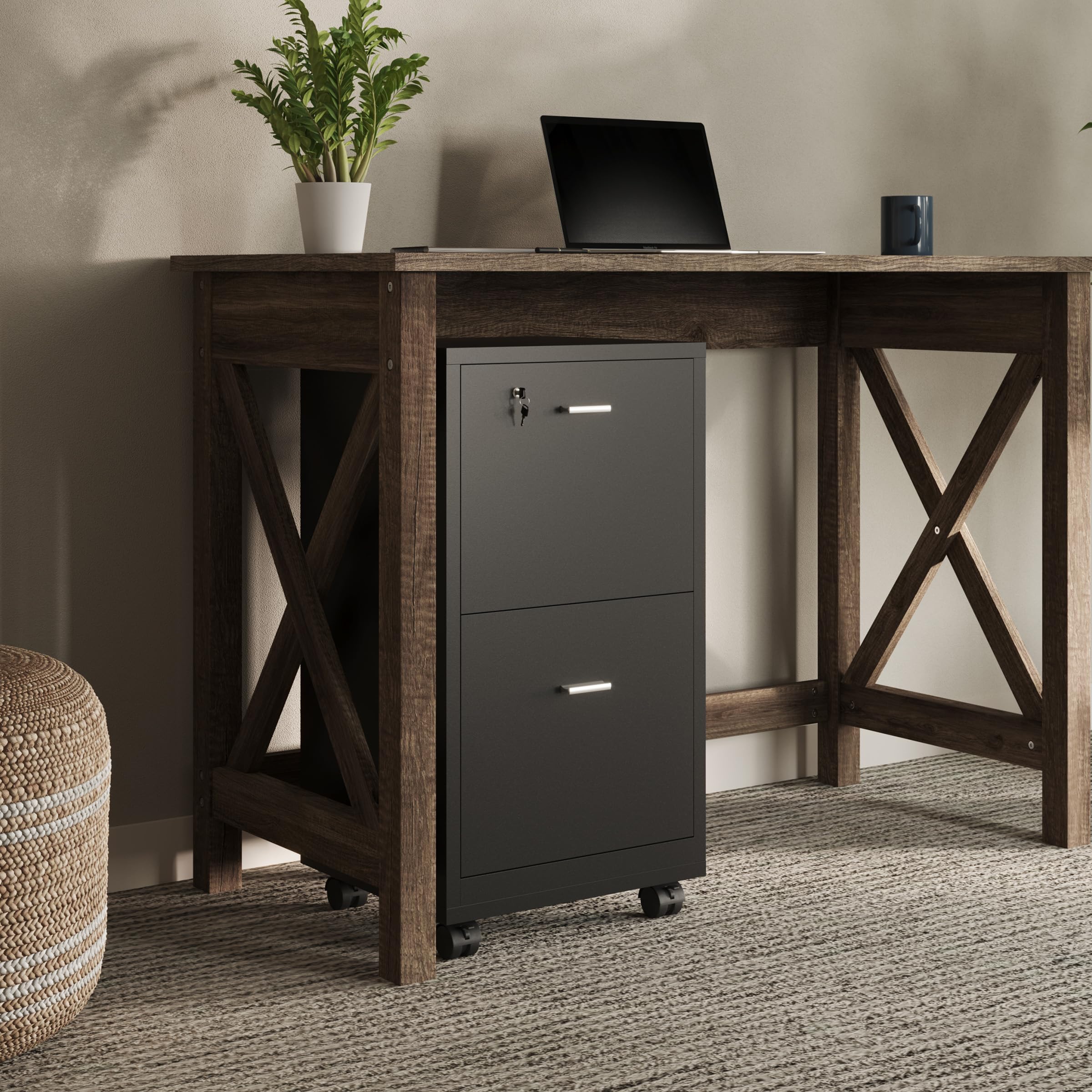Lavish Home 2-Drawer File Cabinet with Lock - Deep Storage Rolling Filing Cabinet for Under Desk, Home & Office Use - Black - Perfect for Organizing Documents, Bills, and Office Supplies in Small Spaces