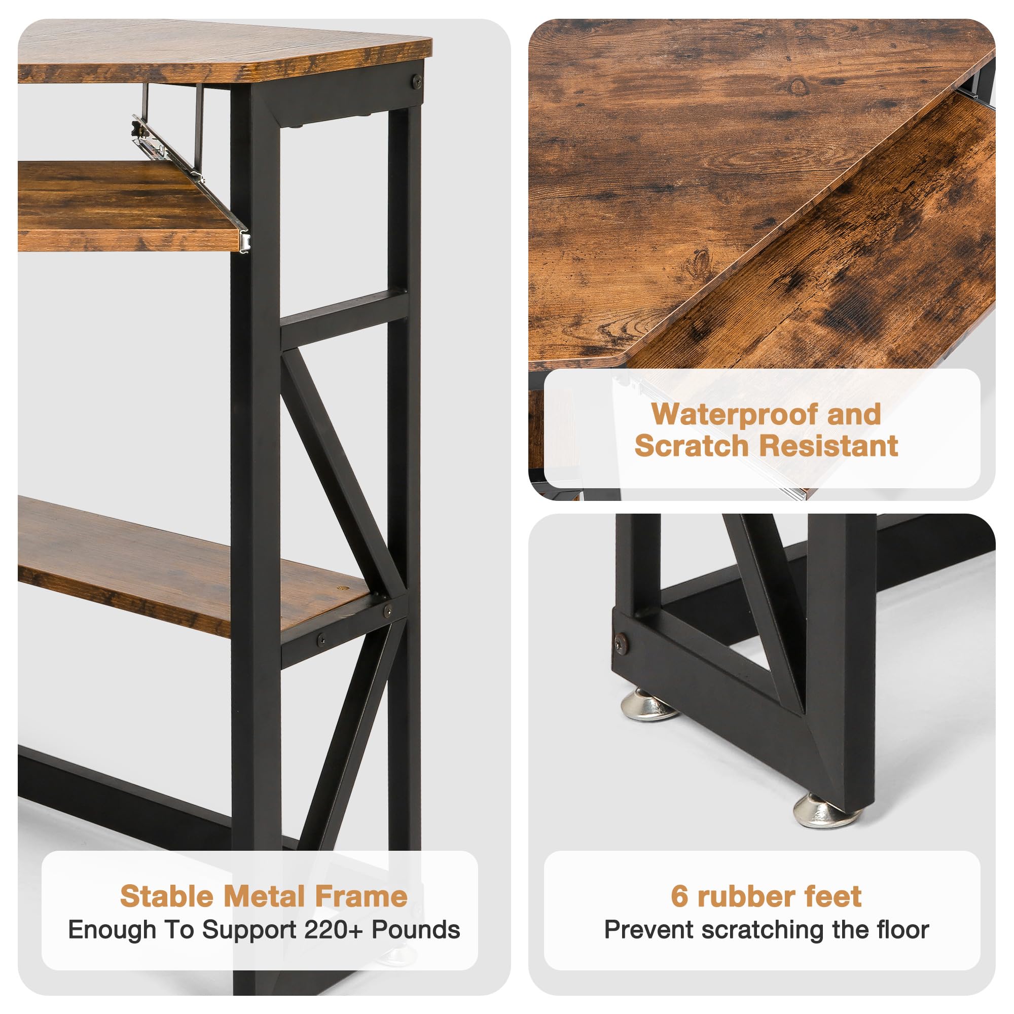 LUCKYERMORE Small Space Corner Desk - Heavy Duty Steel Frame Triangle Computer Desk with Keyboard Tray & Storage Shelves, Rustic Brown - Perfect for Home Office, Gaming, and Study Rooms