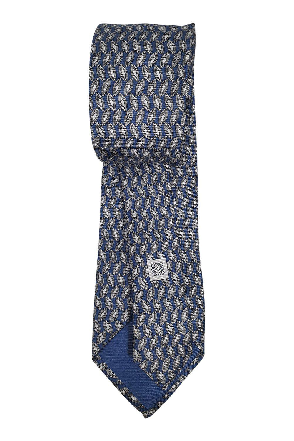 LOEWE 100% Silk Navy Blue Necktie with Brown Leaf Pattern - 60