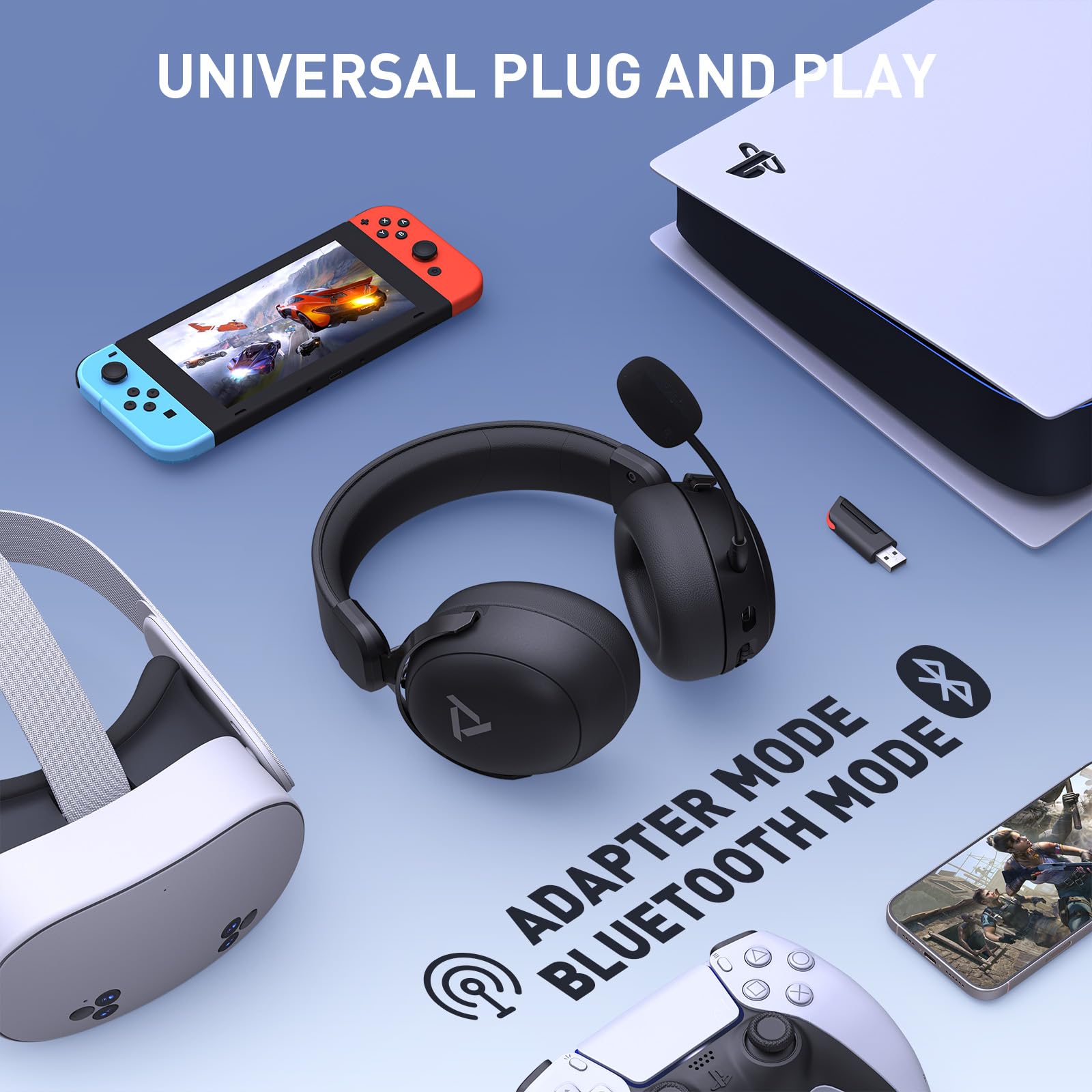 Vega Q1 Wireless Gaming Headset - 80H Battery Life, 2.4Ghz USB & Bluetooth, 7.1 Virtual Surround Sound for PS5/PS4/PC/Quest 3S/3/2 - Perfect for Competitive Gaming, Streaming & Late-Night Sessions