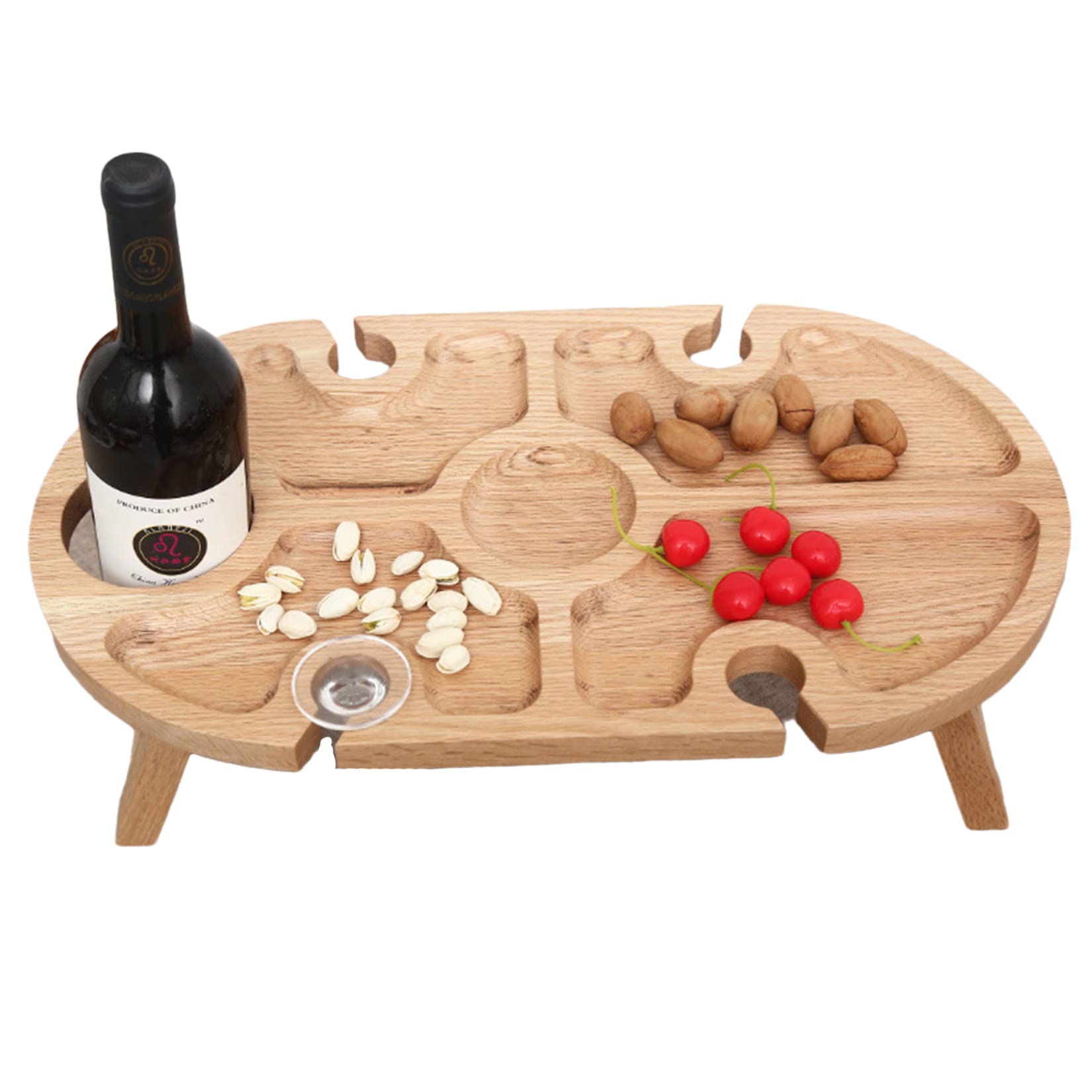 HLONGG Portable Folding Picnic Table with Wine Glass Holder - Round Outdoor Wooden Dining Table for Camping, Beach, Backyard Parties & Picnics - Lightweight Beige Foldable Table for Wine Tasting & Outdoor Entertaining