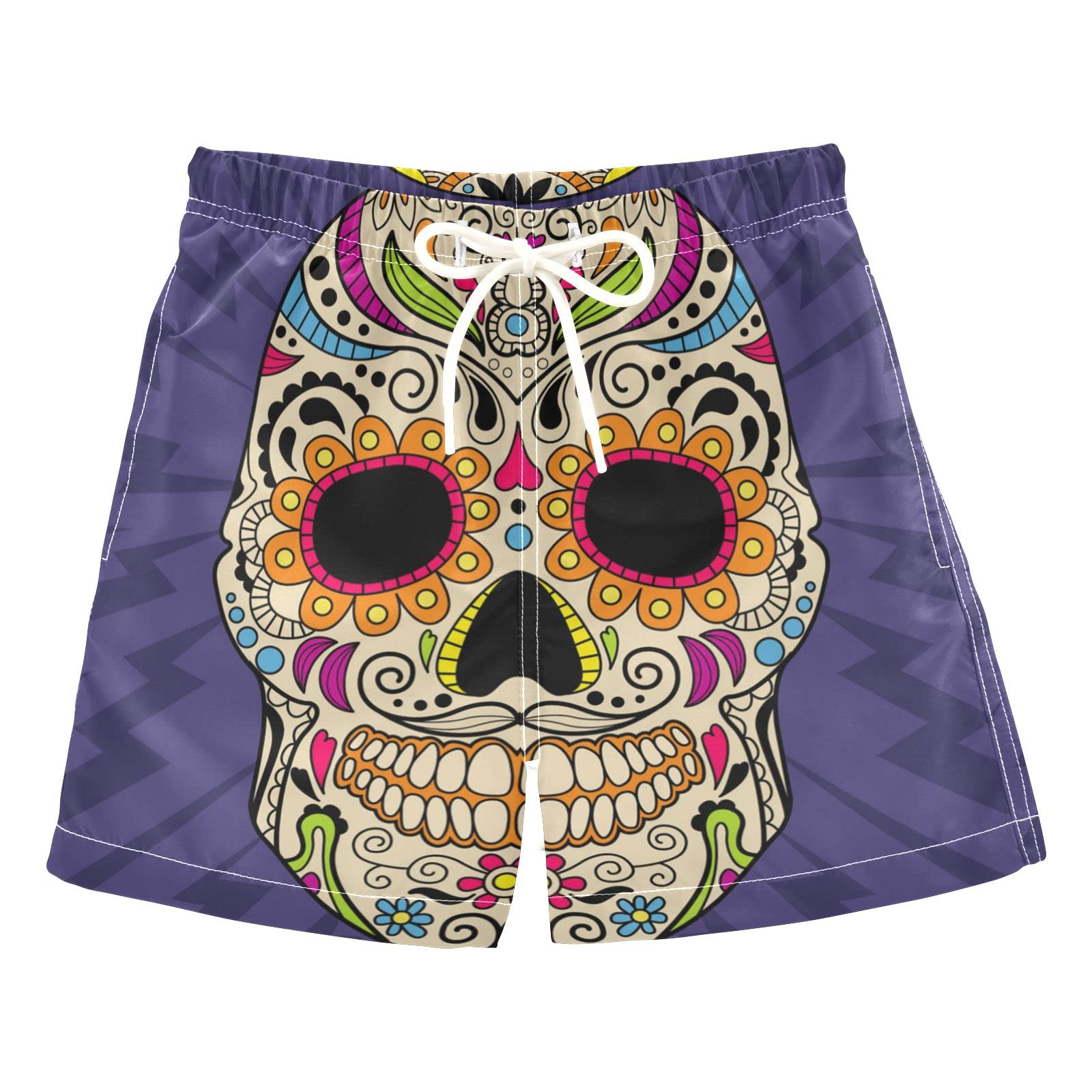 **Boys' Mexican Skull Print Purple Swim Trunks - Quick-Dry Board Shorts for Beach, Surf & Swimming | Perfect for Hawaii Vacations & Summer Pool Parties**
