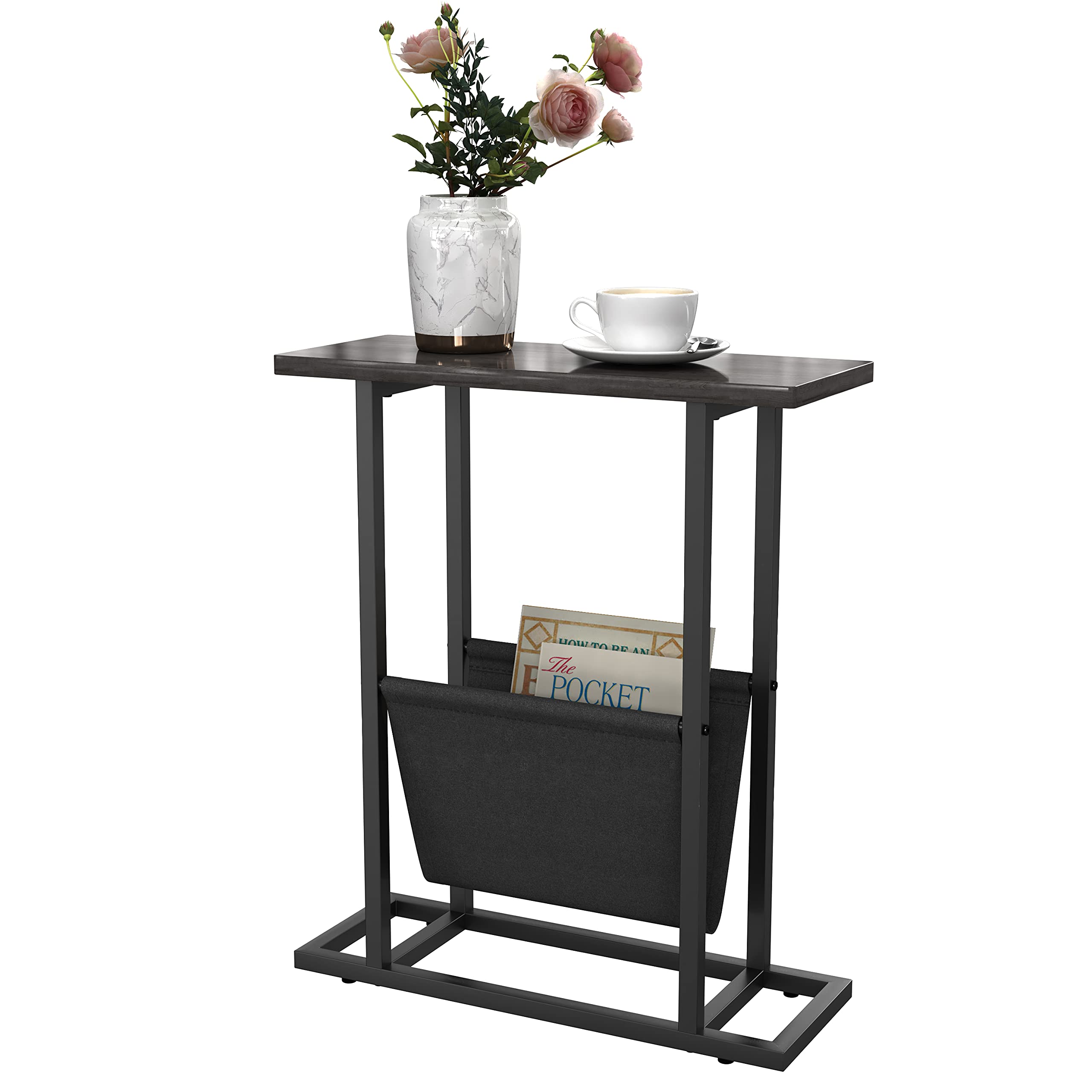 Gadroad Narrow End Side Table - Vintage C-Shaped Sofa Couch Table with Storage Pocket, Perfect for Coffee, Snacks & Laptop - Grey Oak Finish - Ideal for Living Room, Bedroom & Small Spaces