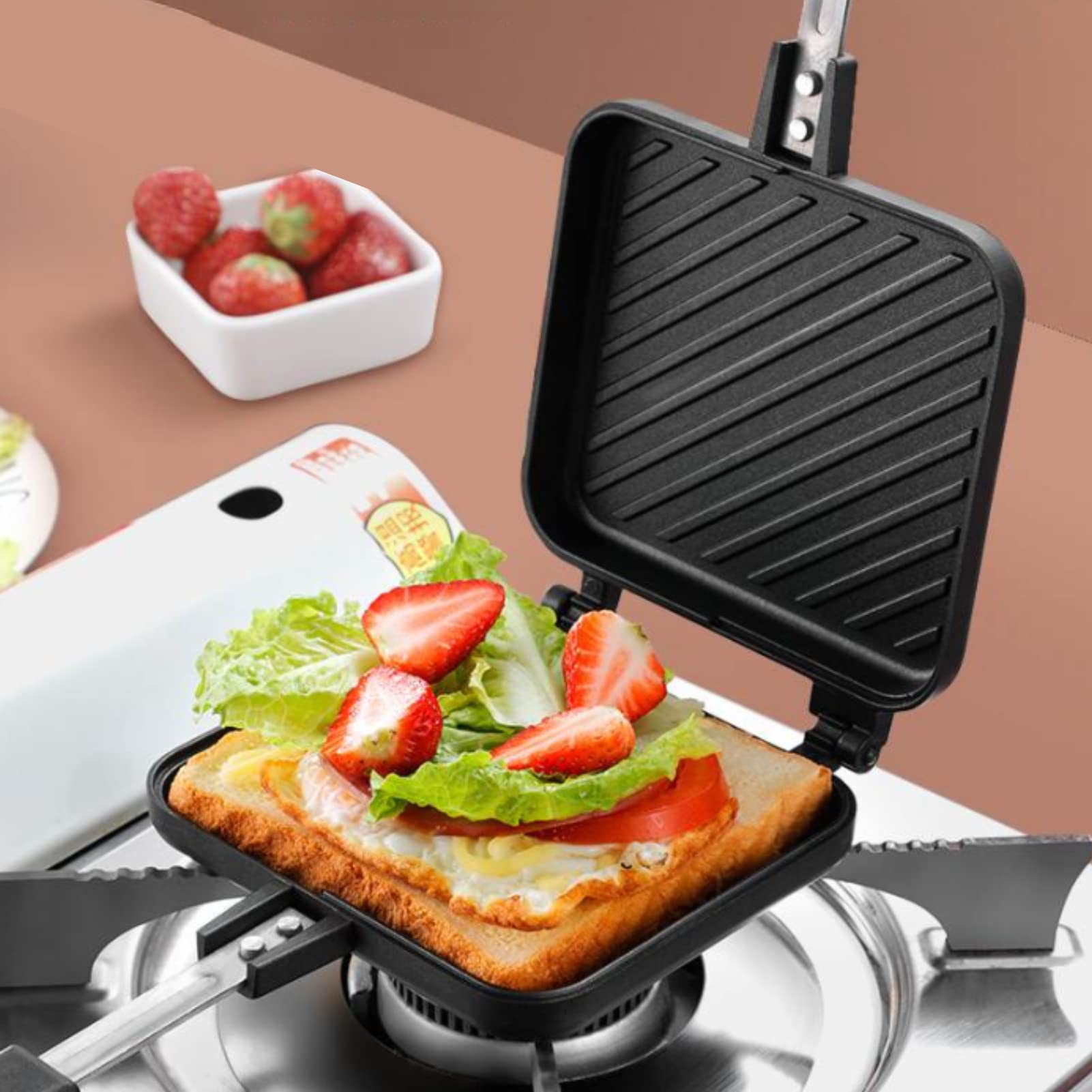Non-Stick Breakfast Sandwich Maker & Panini Press with Anti-Scalding Handle - Fast Cooking Double-Sided Grill for Home, Office, Camping - Perfect for Quick Breakfasts, Lunches & Outdoor Cooking