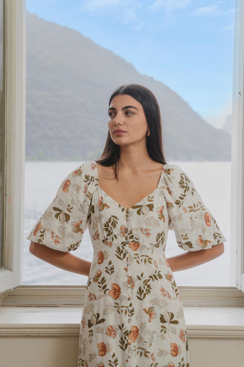 Elegant Ivory Floral Short Sleeve Button Front Midi Dress for Women | Summer Wedding Guest Dress & Garden Party Outfit