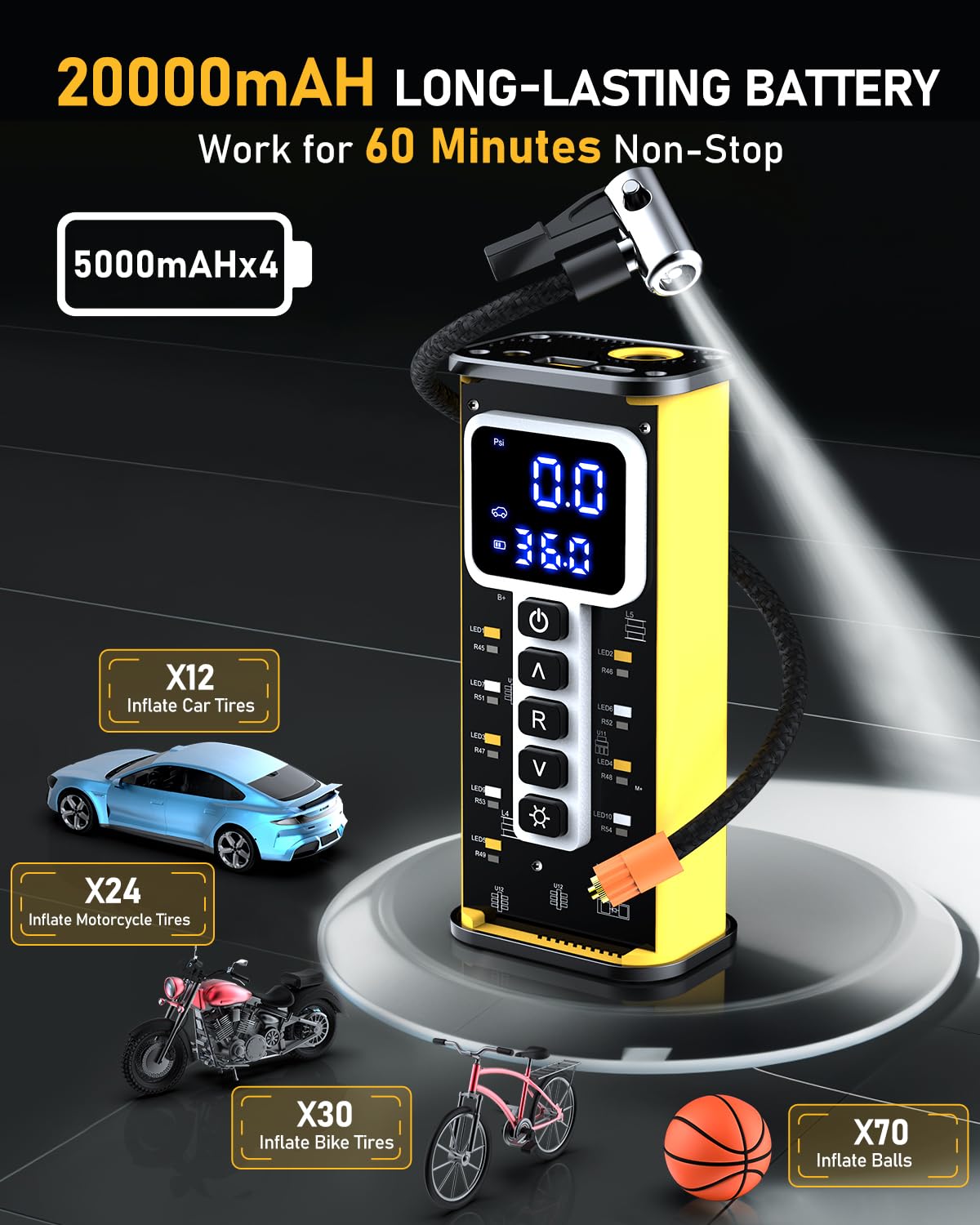 Portable Tire Inflator Air Compressor with 20000mAh Battery - Digital Pressure Gauge, Auto Shut-Off - Fast Inflation for Car, Bike, Motorcycle Tires & Sports Balls - Perfect for Road Trips, Emergency Use & Home Garage