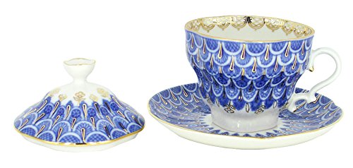Lomonosov Porcelain Tea Cup and Saucer Set - 8.45 oz (250 ml) Hand-Painted Forget-Me-Not Floral Design - Elegant Russian Tea Set for Afternoon Tea, Gift Giving & Home Decor