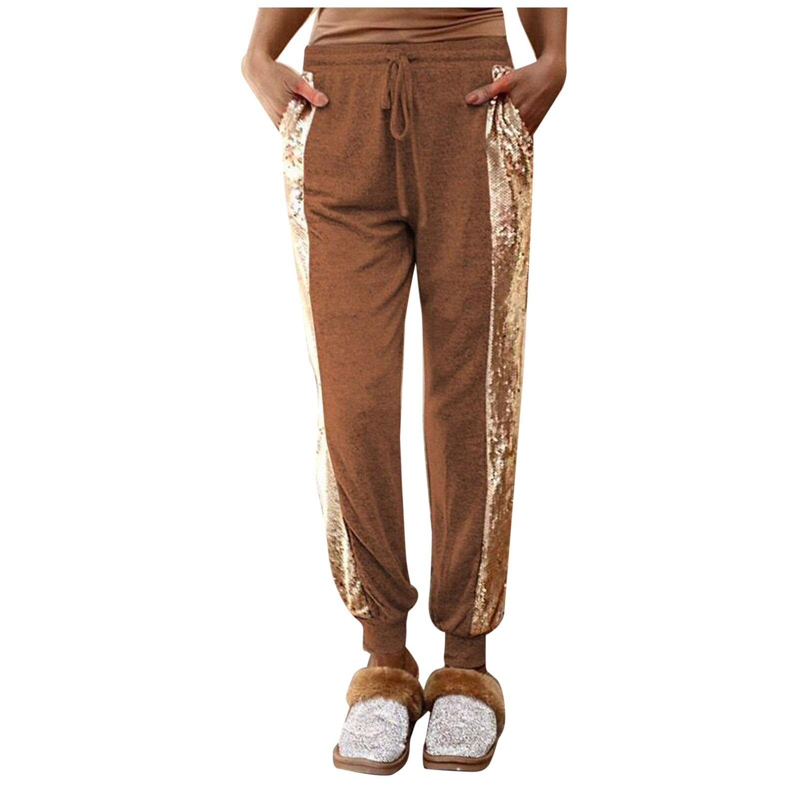 Women's Sequin Elastic Waist Pocket Sweatpants - Comfortable Cotton Workout Pants for Yoga, Running & Casual Wear