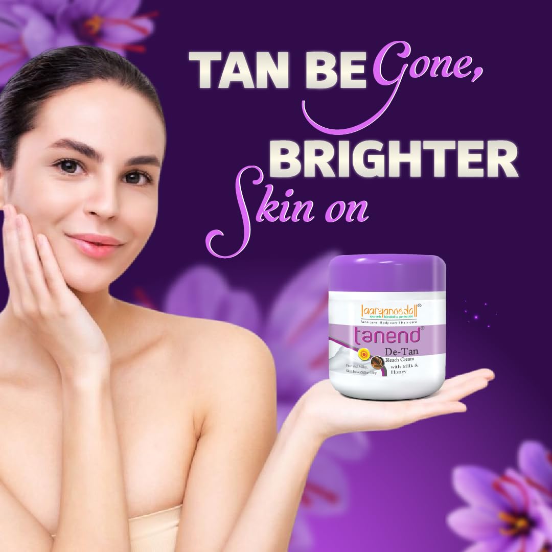 Aryanveda De-Tan Bleach Cream with Milk & Honey - Brightens Skin, Removes Sun Tan & Dark Spots, Tightens Pores for Smooth Glowing Skin - Face & Body Care for Men & Women (450g) - Perfect for Post-Sun Exposure & Daily Skin Brightening Routine