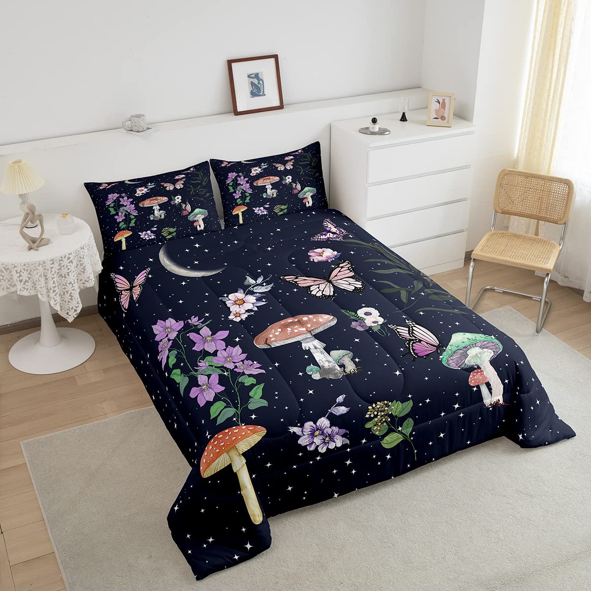 Boho Mushroom Twin Size Comforter Set - Stars Moon Phase Galaxy Duvet Cover & Pillowcase - Purple Flower Butterfly Soft Microfiber Bedding for Kids Boys Bedroom - Perfect for Cozy Sleepovers & Themed Room Decor