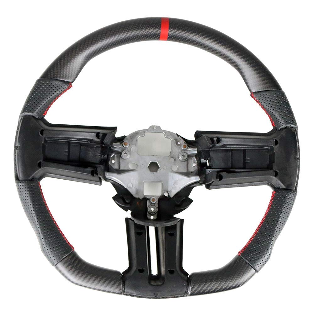 IKON MOTORSPORTS Steering Wheel for 2010-2014 Ford Mustang | Matte Carbon Fiber & Perforated Leather | Red Stitching & Indicator | Brushed Aluminum Kit | Perfect for Racing & Car Enthusiasts