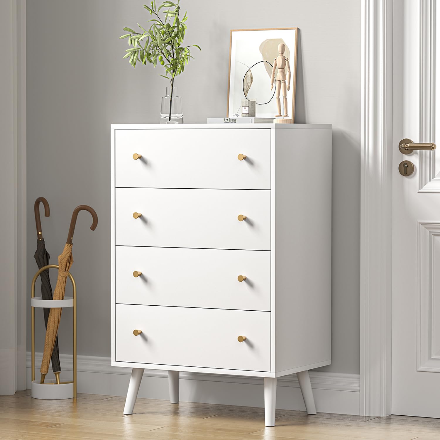 Modern White Dresser - Tall 4 Drawer Wooden Chest for Bedroom, Living Room & Home Office | Stylish Storage Solution for Clothes, Linens & Home Organization