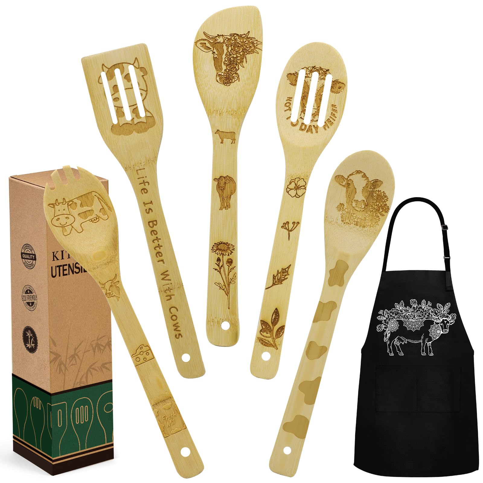Unique Cow-Themed Kitchen Utensil Set - Bamboo Cooking Spoons & Apron Gift for Women | Perfect Housewarming, Mother's Day & Christmas Present for Cow Lovers | Ideal for Farmhouse Decor & Cooking Enthusiasts