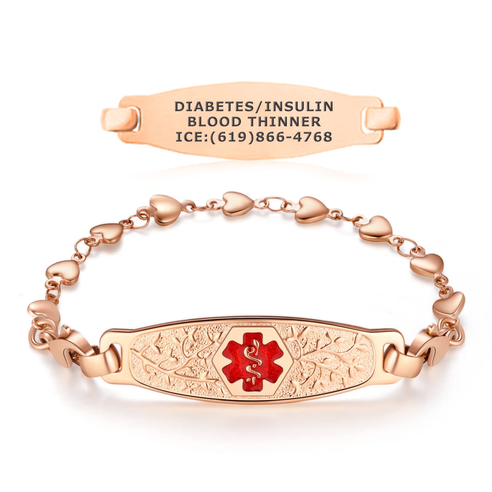 Divoti Custom Engraved Medical Alert Bracelets for Women - Personalized Rose Gold/Gold Medical ID Bracelet with Free Engraving - Elegant Olive Tag & Heart Link Design - Perfect for Emergency Medical Identification & Daily Wear
