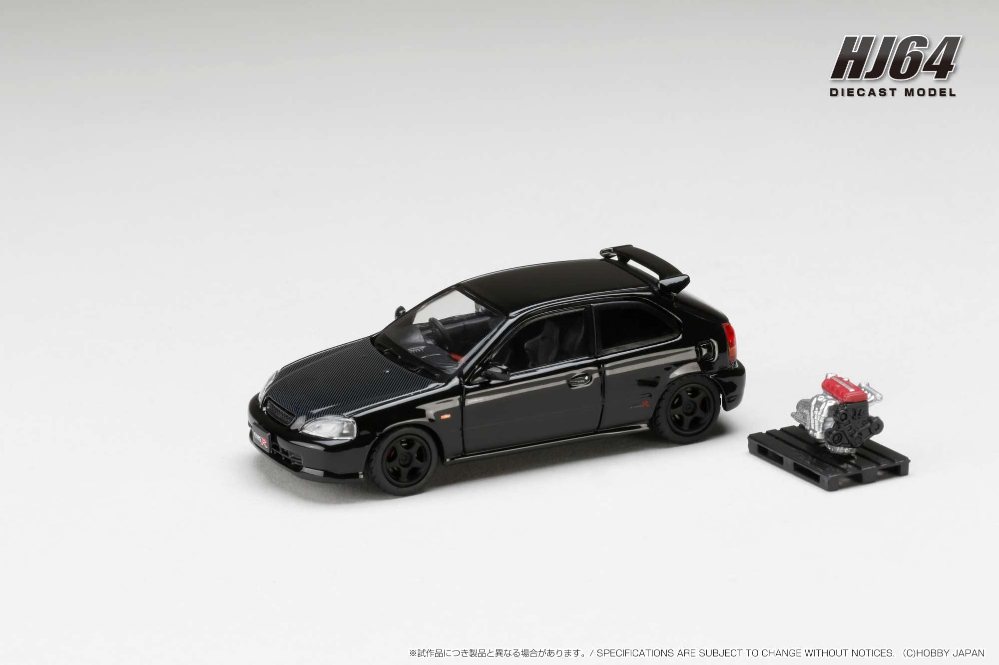 1:64 Honda Civic Type R (EK9) Early Version Diecast Model Car - Starlight Black Pearl with Engine Display - Collectible for Car Enthusiasts & Perfect for Home Office Decor