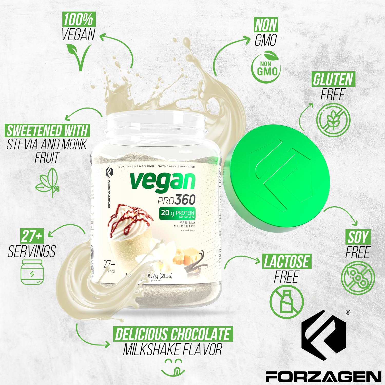 Forzagen Vegan Protein Powder 360 - 2 Lbs (27 Servings) | Plant-Based Protein Blend with Quinoa, Brown Rice & Pea Isolate | Dairy-Free, Soy-Free, Gluten-Free, Non-GMO | Vanilla Milkshake Flavor | Perfect for Post-Workout Recovery & Muscle Building