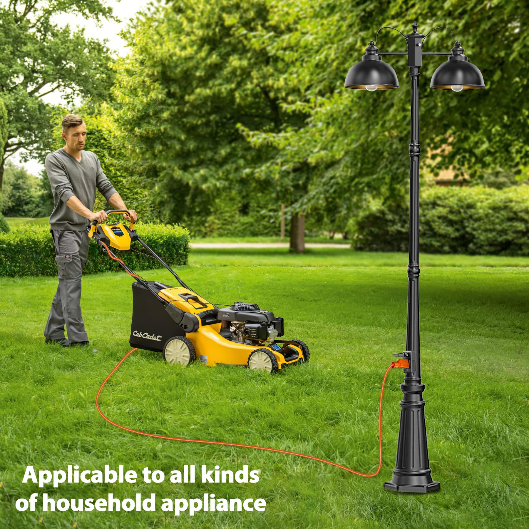 APOTO Dusk to Dawn Outdoor Lamp Post Lights with GFCI Outlet - Double Head Farmhouse Street Light Fixture - Black Aluminum Waterproof Lantern for Garden, Patio, Driveway & Walkway Lighting - Weatherproof Exterior Pole Lights for All Night Illumination