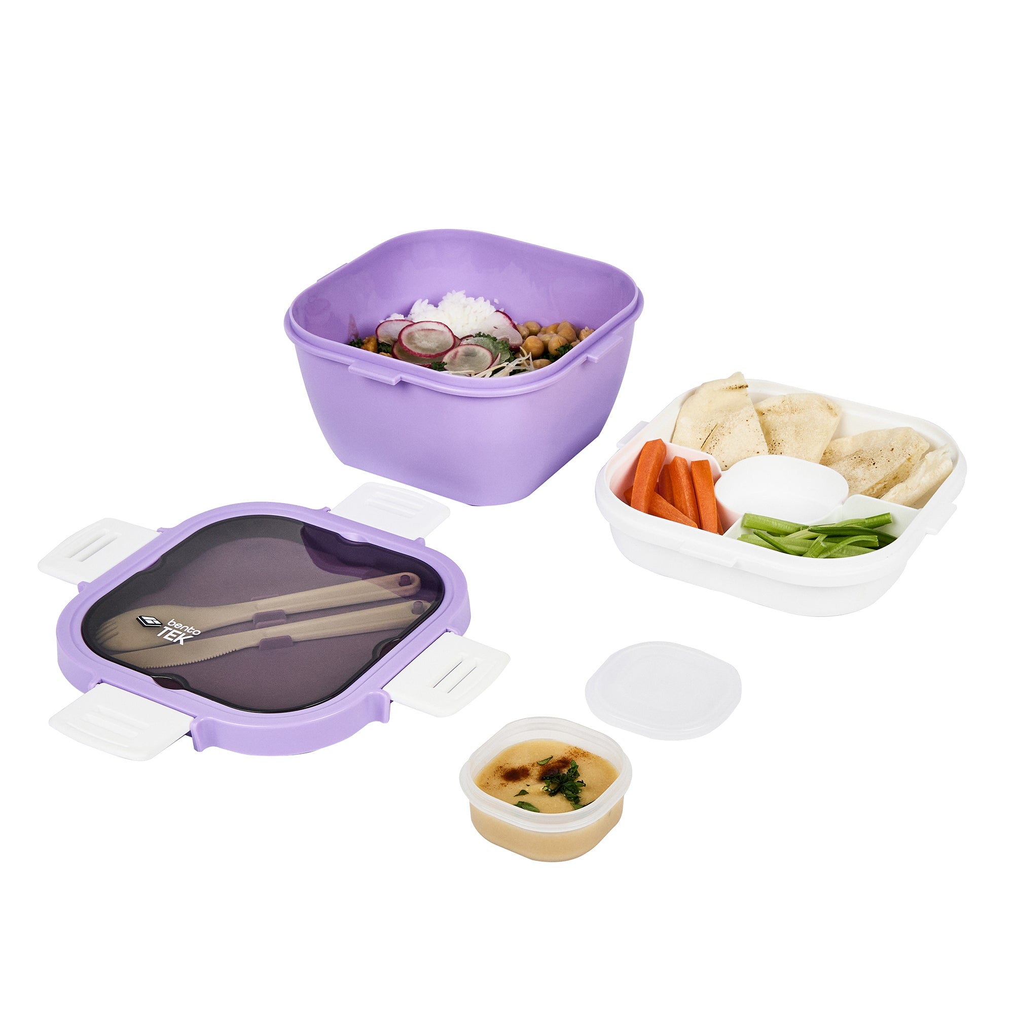 Bento Tek 58 oz Purple & White BPA Free Lunch Box with Fork & Knife - Microwave Safe, Leak Proof Food Container (7.25