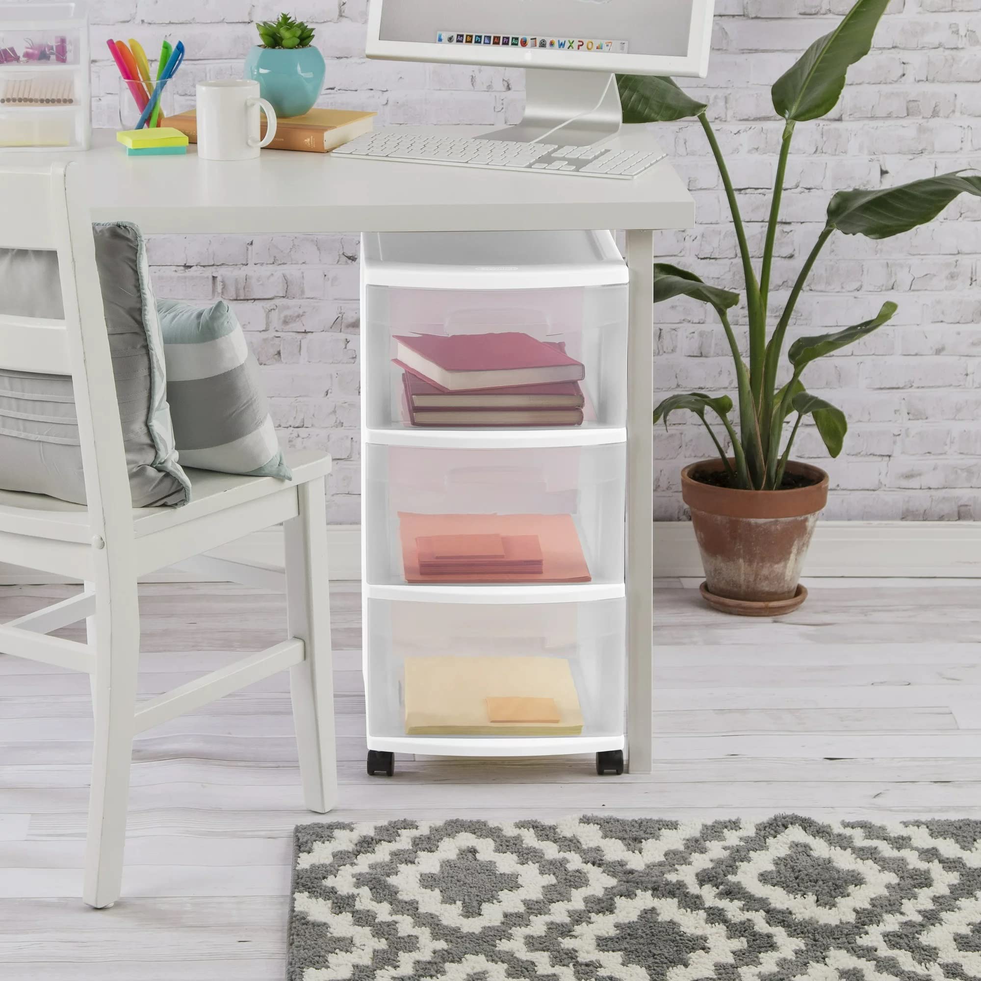3-Drawer Plastic Storage Cart with Wheels - Medium Home Organization Container, White Frame & Clear Drawers - Perfect for Bedroom, Bathroom, Office or Dorm Organization (Set of 1)